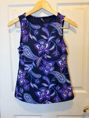 Lands' End Navy Floral Paisley Tank Swim Top with Molded Cups